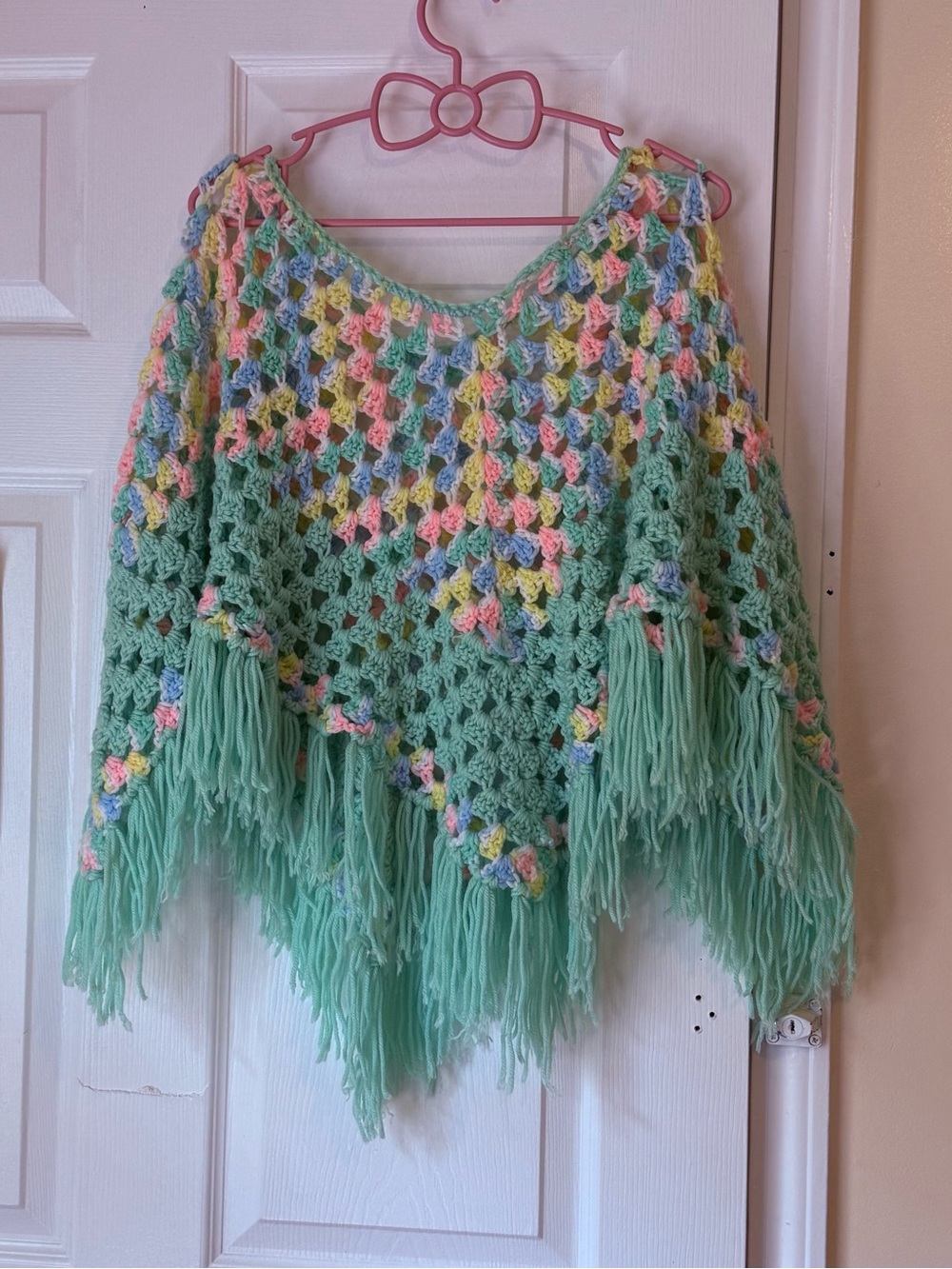 Handmade Pastel Mint Crochet Fringe Women's Sweater Poncho